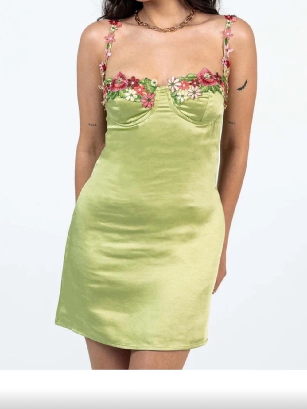 Princess Polly Light Green Satin Slip with Pink Floral Embroidery